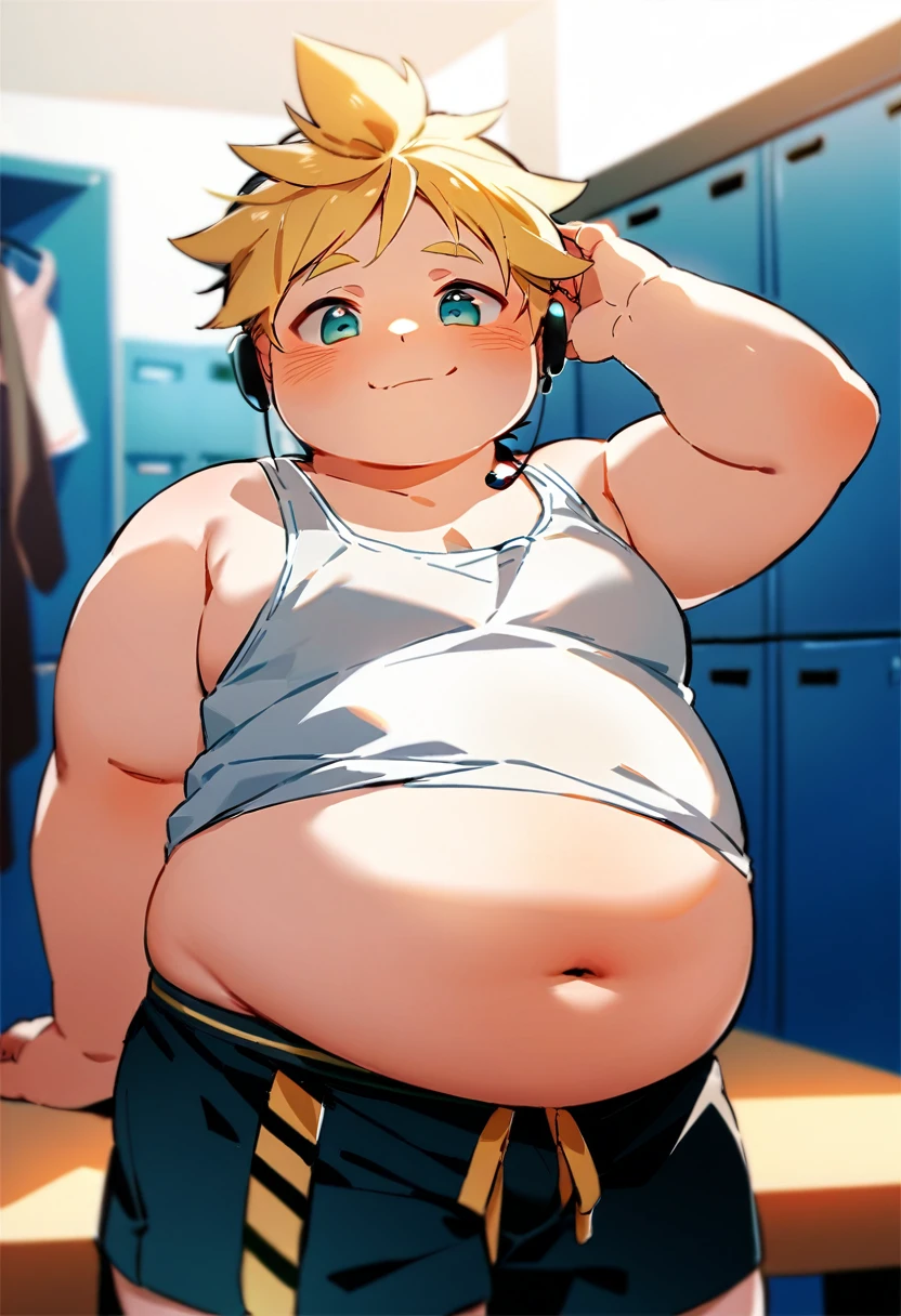 1 boy, (fat male child), (Kagamine Len), (cute), obese, chubby cheek, fat rolls, tank top, earphone, (chubby), (plump), (belly significantly spill over the waistband), standing in a changing room, (full blushed), belly button exposed, showing off his belly, naughty face