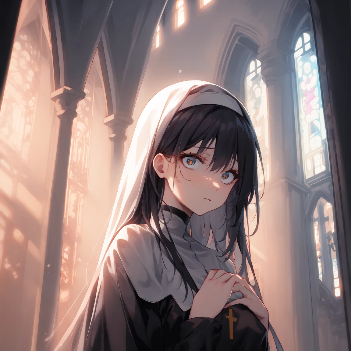 masterpiece, 8k, high quality, cinematic light, dramatic shading, backlighting, light rays, 1girl, adult woman, best perfect anatomy, medium breast, thin, curve body, nun, mouth mask, white glove, long hair, black hair, messy hair, deep brown eyes, Pretty Face, expressionless, Constricted pupils, scared, traumatized, looking at viewer, (background : stained glass, church, arch), cowboy shot, Shooting up close, Shooting from the person,