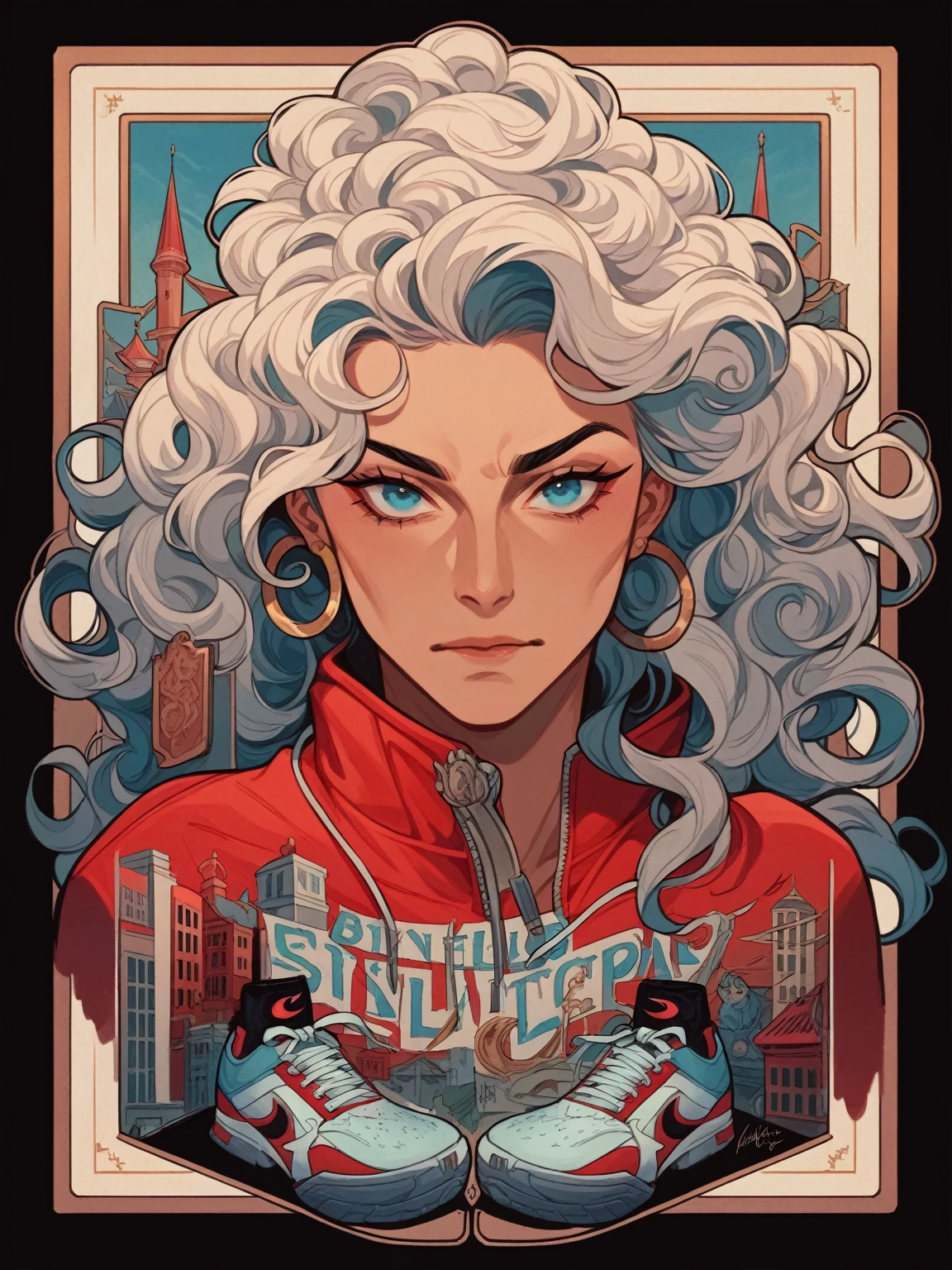 Drawing by Butcher Billy, Art Nouveau style portrait of Skylina as she traverses the city streets. Her silver-white, slightly curly hair flows gracefully. Her turquoise blue eyes are captivating. She's adorned in New Balance clothing and black and red Nike Air Max shoes. The backdrop is a decorative and ornate representation of a city.