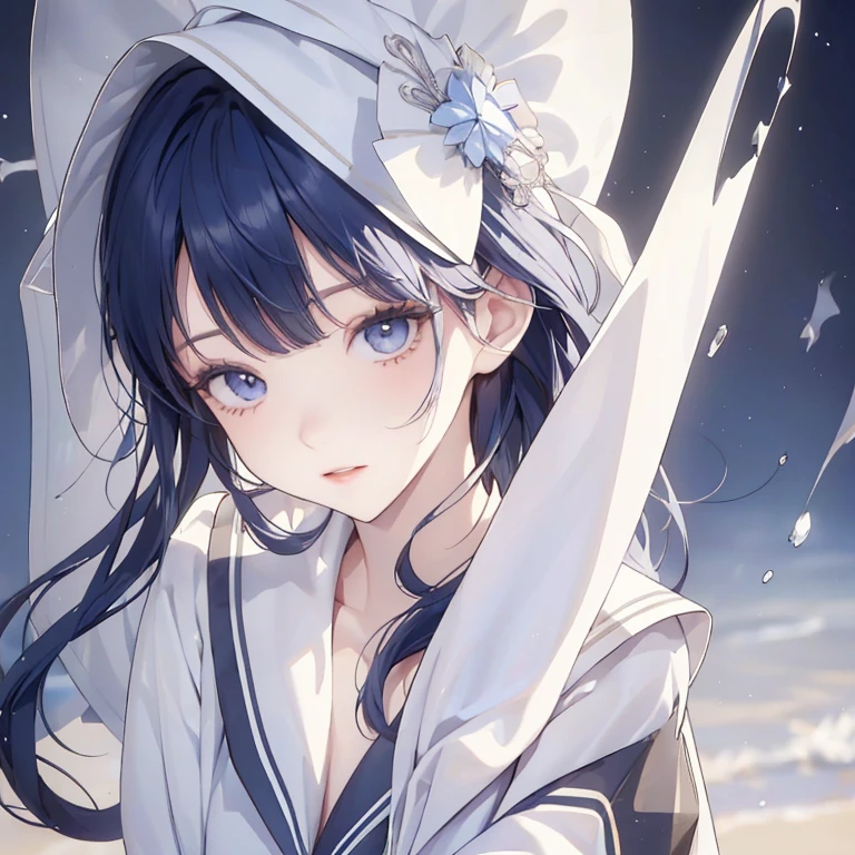 ((Best Quality, 8k, masterpiece: 1.3)), Sailor suit、Clothes falling apart、Unbuttoned、Outstanding style、Blue Hair,blue eyes、naked、Very even face and skin texture,