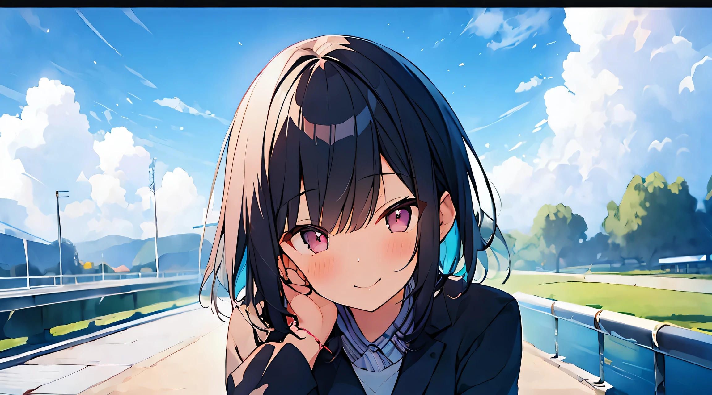 Cute s、Wearing school uniform、Her anime illustration face in soft color palette style、animated gif、Hand-drawn animation、charming sketches、Smooth and shiny background - AR 1:1 - Rainbow 5 - Expressive in style - S 50(Best Quality, masutepiece, Raw photo,Ultra-detailed:1.2),Black hair,Blue Inner Color Bob,Red Eyes,Top image quality,8k,A smile,straight haired, The head is near the center of the screen,frontage,a cute ,from the front side,1 girl in,Wide Angle,Hair is tied in a bun on one side,Short hair,float in the background,a miniskirt,Kamimei,View from above,The upper part of the body, Heavenly sky background