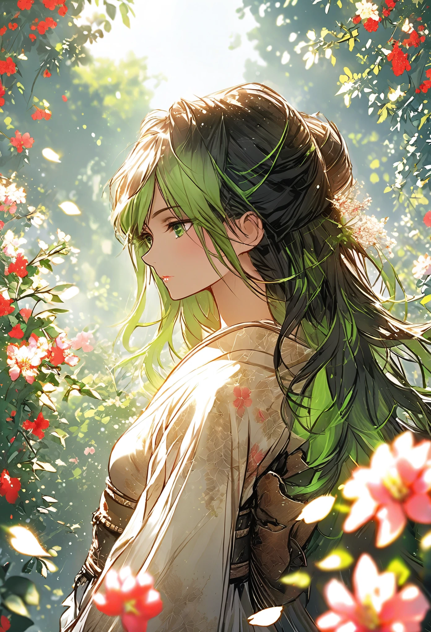 "Create a highly detailed, hand-drawn anime-style image of Haruka Mei, a character from the race known as the Sombra das Flores (Hanae no Kage). She is a female shinobi with an ethereal, graceful appearance, blending perfectly with the surrounding flora. Her skin has a slight greenish hue, almost translucent, giving her a mystical connection to nature. Her long, flowing hair is black with green highlights, resembling leaves, and adorned with delicate flower petals that change colors with the seasons.

Her attire consists of a light, form-fitting ninja outfit made from natural fibers that resemble the texture of leaves and vines. The outfit is dark green with subtle floral patterns that shimmer in the light, helping her blend into the natural environment. She carries no visible weapons, as she relies on her mastery of controlling plants.

Haruka Mei stands poised in a lush, flower-filled forest setting, with vines and flowers subtly wrapping around her body, illustrating her connection to nature. Her expression is serene but focused, as if she is prepared for a stealthy attack. The Dança dos Espinhos Ocultos combat style is represented through sharp petals swirling around her, and thorned vines emerging from the ground, ready to strike. The scene is infused with magic and mystery, showing her mid-action, either blending into the floral environment (using Camuflagem Floral) or controlling the petals for her signature attack, Corte de Pétalas.

The atmosphere should evoke a sense of grace, danger, and the natural beauty of the forest, capturing the essence of her connection with nature and her role as a stealthy shinobi."

