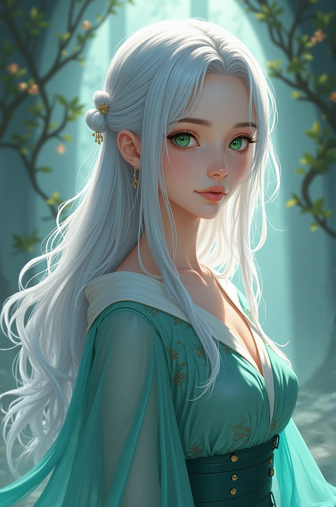"(((Masterpiece)))), best quality, ultra-detailed details, extremely delicate and beautiful 8k wallpaper, floating, zooming in on the face of a beautiful girl with long white hair, intense green eyes and pale skin."