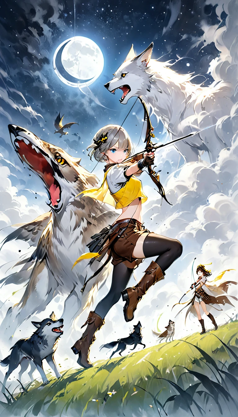 ((Best Quality)), ((Famous Paintings)), (detailed),Full body shot of a girl aiming a bow,and bow,2,Silver short bob,Partial bangs,blue eyes, break, (A short yellow tube top with white short sleeves and a bikini), Belly button, break,Long gloves with connected sleeves, break, Brown shorts with black leggings,Half Boots,Brown knee-high socks,Starry Sky,Crescent moon hair accessory,grassland,Big Falcon,Big Wolf,Perfect Face,Focus on faces,Make the subject larger,Smaller background
