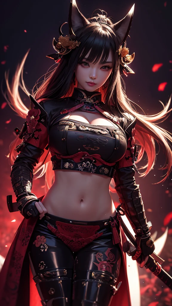 Pose sensual, Realistic 1.2, 1 girl, masterpiece, very high quality, very detailed, anime, samurai in a bikini, feminine, evil, strong feeling, wearing a hannya mask, big breasts.