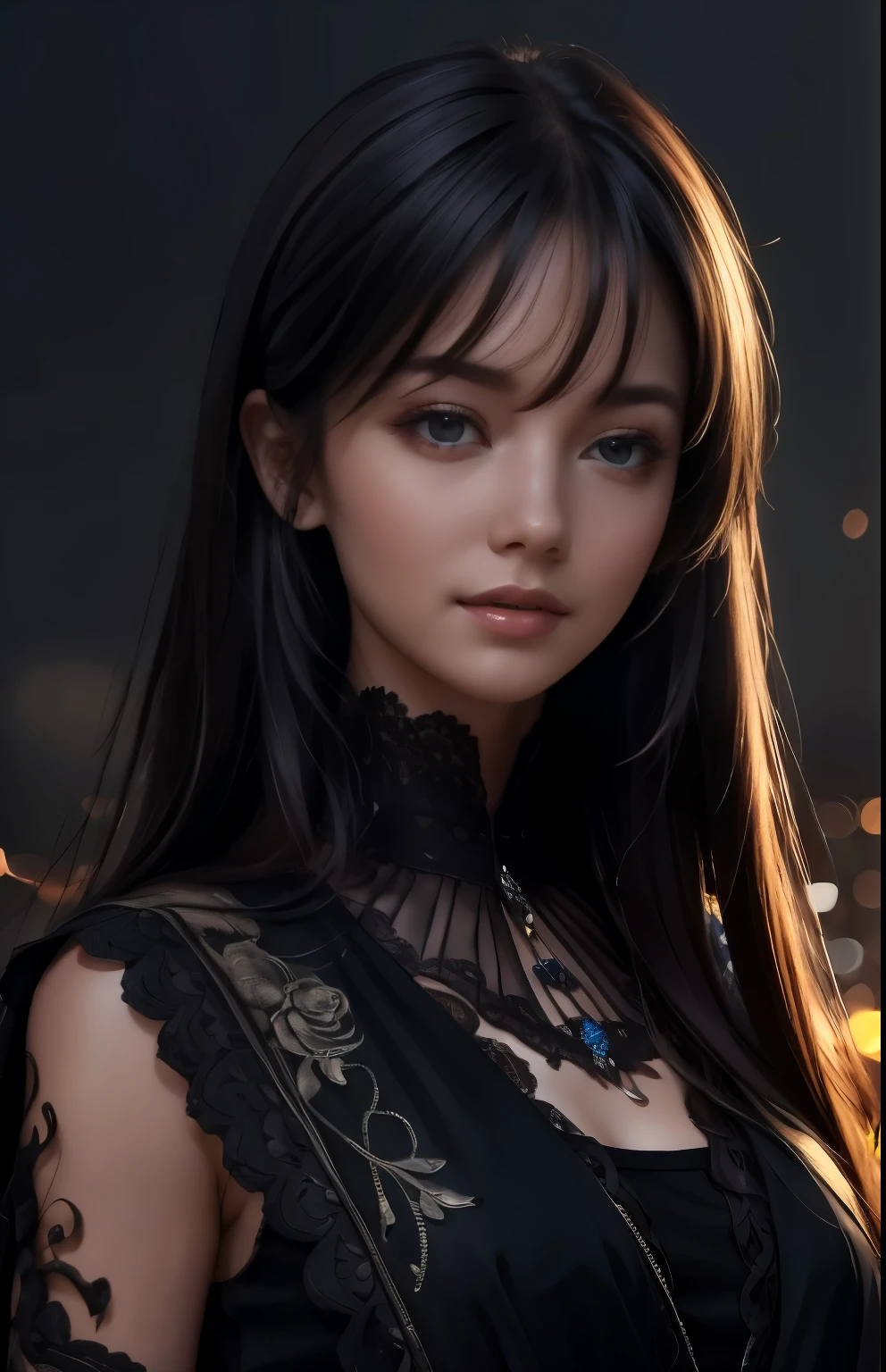 (Ultra Realistic), (Illustration), (Increased Resolution), (8K), (Extremely Detailed), (Best Illustration), (Beautiful and Detailed Eyes), (Best Quality), (Ultra Detailed), (Masterpiece ), ( wallpaper), (detailed face), solo, 1 girl, looking at viewer, fine details, detailed face, in the dark, deep shadows, low key, pureerosfaceace_v1, smiling, long hair, black shawl straight hair , 46 points oblique bangs