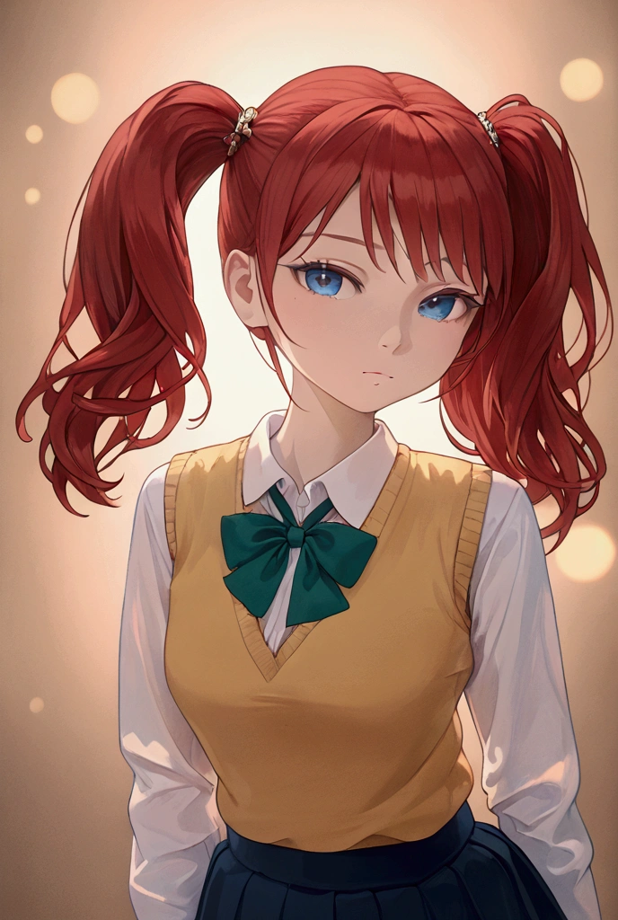 a beautiful young girl in a school uniform, wearing a yellow sweater vest, blue skirt, and green neckwear, with long red hair in twintails and blue eyes, looking at the viewer with an innocent yet slightly expressionless expression, highly detailed, photorealistic, 4k, 8k, ultra-detailed, masterpiece, best quality, vivid colors, bright front lighting, bokeh effect, film grain, cleavage, beautiful face and body