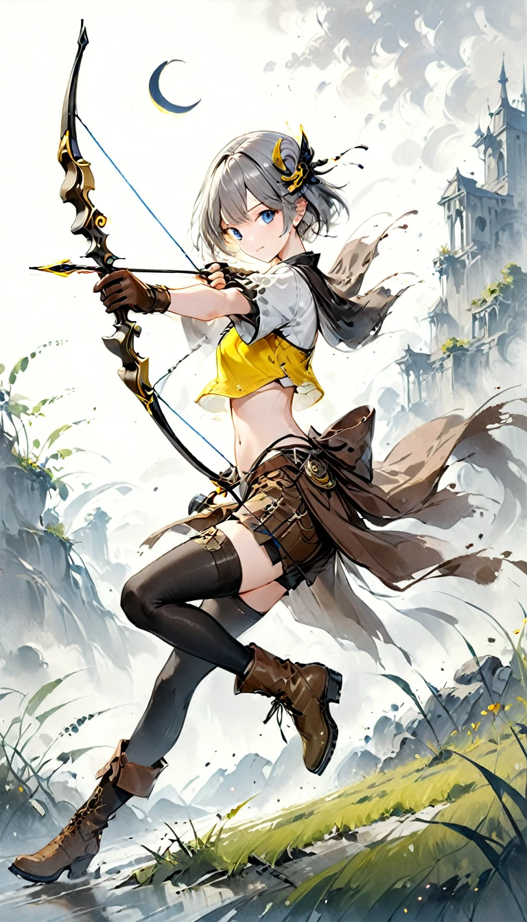 ((Best Quality)), ((Famous Paintings)), (detailed),Full body shot of a girl aiming a bow,and bow,2,Silver short bob,Partial bangs,blue eyes, break, (A short yellow tube top with white short sleeves and a bikini), Belly button, break,Long gloves with connected sleeves, break, Brown shorts with black leggings,Half Boots,Brown knee-high socks,Crescent moon hair accessory,grassland,,Perfect Face,Focus on faces,Make the subject larger,Smaller background
