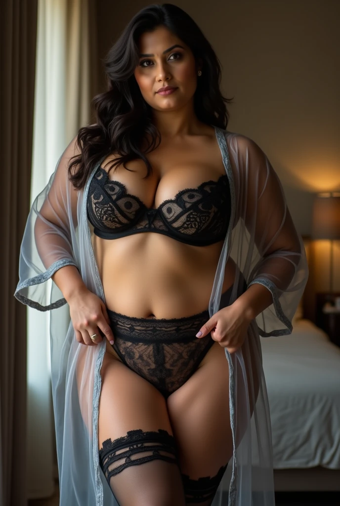 Plus size woman in negligee, wearing glasses, sexy navel, curvy figure body, hand on chest , back image and look at camera
