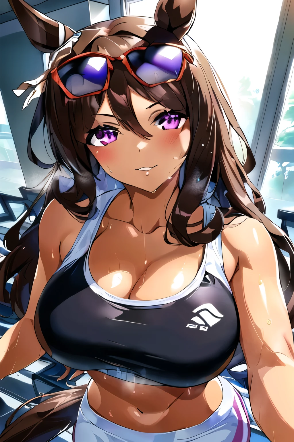 anime girl with big breast and big breasts in a gym, seductive anime girl, anime moe artstyle, attractive anime girl, beautiful anime girl, ilya kuvshinov with long hair, beautiful anime woman, pretty anime girl, detailed digital anime art, extremely detailed artgerm, oppai, (anime girl), ilya kuvshinov. 4 k, Horse&#39;s ears, Horse tail, Purple eyes, Pearl Earrings, Sunglasses on forehead.