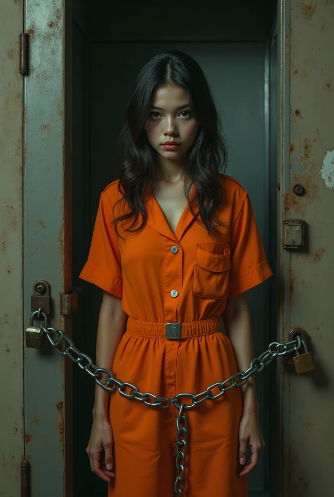 Beautiful Asian girl standing in striped prison uniform in a prison cell