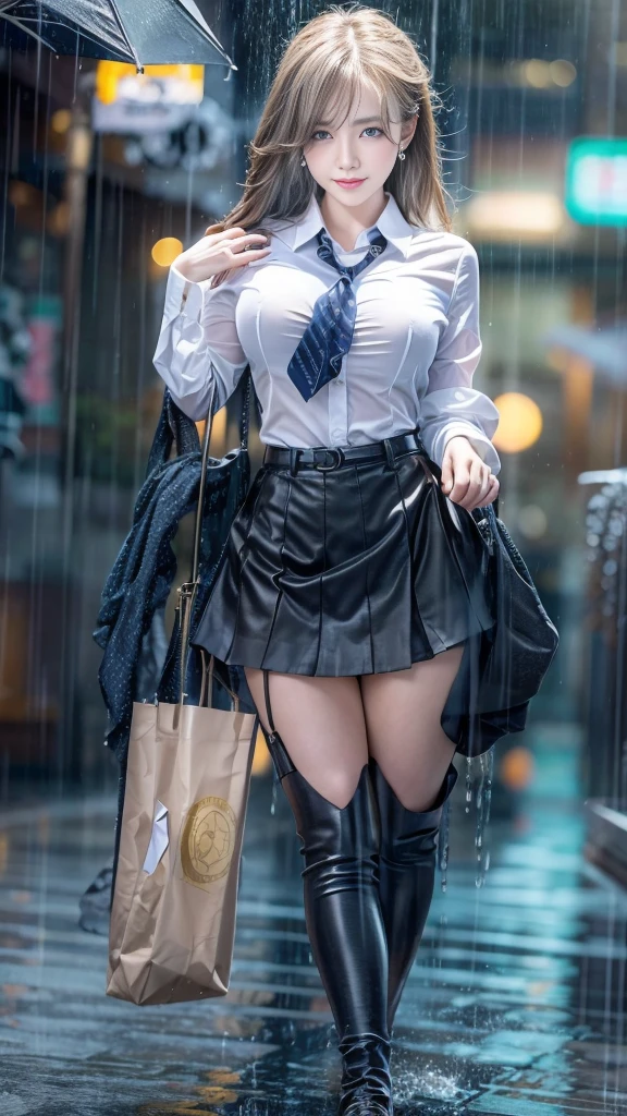 (32K:1.9, Best Quality, masterpiece, Ultra-high resolution), Perfect dynamic composition:1.3, Modern city street corner at night, (((Heavy rain from a typhoon))), Highly detailed skin and facial textures:1.3, (Slim office lady wet with rain:1.3, Crying face:1.3, Sexy beauty:1.1, Perfect Style:1.2, beautifully、aesthetic:1.1), White skin, Very beautiful face, Water droplets on the skin, (Rain dripping all over my body:1.2, Wet body, Wet Hair:1.4, Wet Office Skirt:1.2, Wet OL uniform:1.3), belt, (The bra is see-through, Chest gap), (Expressions of sadness, Embarrassed smile, Your expression when you feel passionate caresses, Facial expressions when feeling happy), (Beautiful Blue Eyes, Beautiful erotic eyes:0.8), (Overly sensual:0.9, Fascinating:0.9), Cowboy Shot, Shoulder bags, necklace, Earrings, bracelet, clock