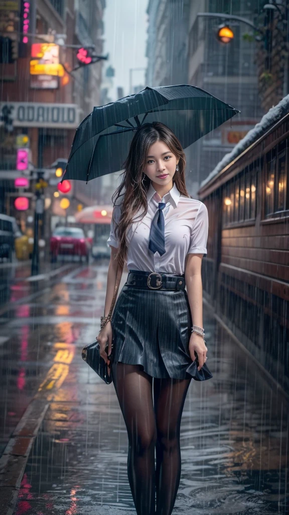 (32K:1.9, Best Quality, masterpiece, Ultra-high resolution), Perfect dynamic composition:1.3, Modern city street corner at night, (((Heavy rain from a typhoon))), Highly detailed skin and facial textures:1.3, (Slim office lady wet with rain:1.3, Crying face:1.3, Sexy beauty:1.1, Perfect Style:1.2, beautifully、aesthetic:1.1), White skin, Very beautiful face, Water droplets on the skin, (Rain dripping all over my body:1.2, Wet body, Wet Hair:1.4, Wet Office Skirt:1.2, Wet OL uniform:1.3), belt, (The bra is see-through, Chest gap), (Expressions of sadness, Embarrassed smile, Your expression when you feel passionate caresses, Facial expressions when feeling happy), (Beautiful Blue Eyes, Beautiful erotic eyes:0.8), (Overly sensual:0.9, Fascinating:0.9), Cowboy Shot, Shoulder bags, necklace, Earrings, bracelet, clock