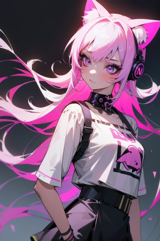 1 Girl, Medium Breasts, Demon Girl, Long White Hair, Pink Highlights In Hair, Smooth Skin, Pale Skin Tone, Nice Eyes, Light Pink Eyes, Nice Lips, Light Blush, Anime Goth Demon Girl, Wearing a Black Skirt and Lace Crop Top Shirt, Choke, Wearing Cat Ear Headphones, Ulzzang, Upper Body Shot, Close Up, Sitting Down