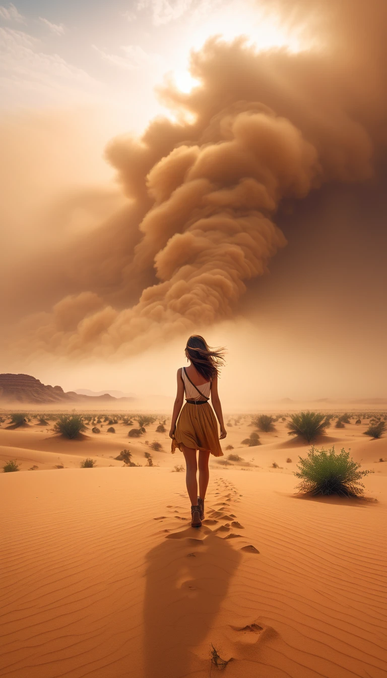 a beautiful cute girl wandering in the desert, extremely wide field of view, official art, best quality, masterpiece, 8k, ultra-detailed, dramatic lighting, glowing warm colors, dramatic atmosphere, volumetric fog, epic sandstorm, sweeping cinematic composition,super-wide-angle,Nothing but shrubs,desert