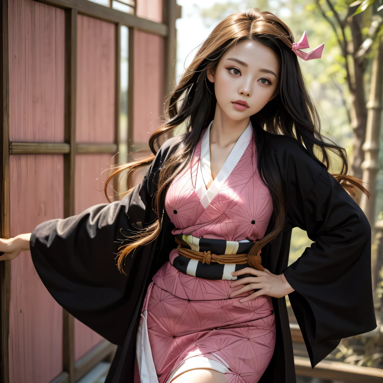 Masterpiece, Best Quality, High Resolution, Venus1, 1Girl, Solo, Tsuko Kamato, Bamboo, ((Gag)), Hair (brown), Plaid Belt, Gag, Gag, Gradient Hair, Hair Ribbon, Haori, Japanese Clothing, ((Black Kimono:1.2)), Very Short Kimono, big , Long Hair, big breast, Looking at the Audience, Multicolored Hair, Pink Eyes, Very Short Pink Kimono, Black Outer, Pink Ribbon, Ribbon, Solo, (((Masterpiece)), Forehead, standing posing, bamboo background, Cute puffing cheeks, seducing, Eyes wide, slim waist, sexy posing, slim tight, detailed eyes, detailed face, exhausted, lewd expression, perfect body, sexy pose, huge breasts, breasts cleavage, lie in bed, on back, from above, red lingerie+,