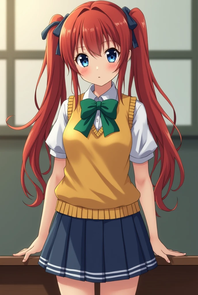 a beautiful young girl in a school uniform, wearing a yellow sweater vest, blue skirt, and green neckwear, with long red hair in twintails and blue eyes, looking at the viewer with an innocent yet slightly expressionless expression, highly detailed, photorealistic, 4k, 8k, ultra-detailed, masterpiece, best quality, vivid colors, bright front lighting, bokeh effect, film grain, cleavage, beautiful face and body