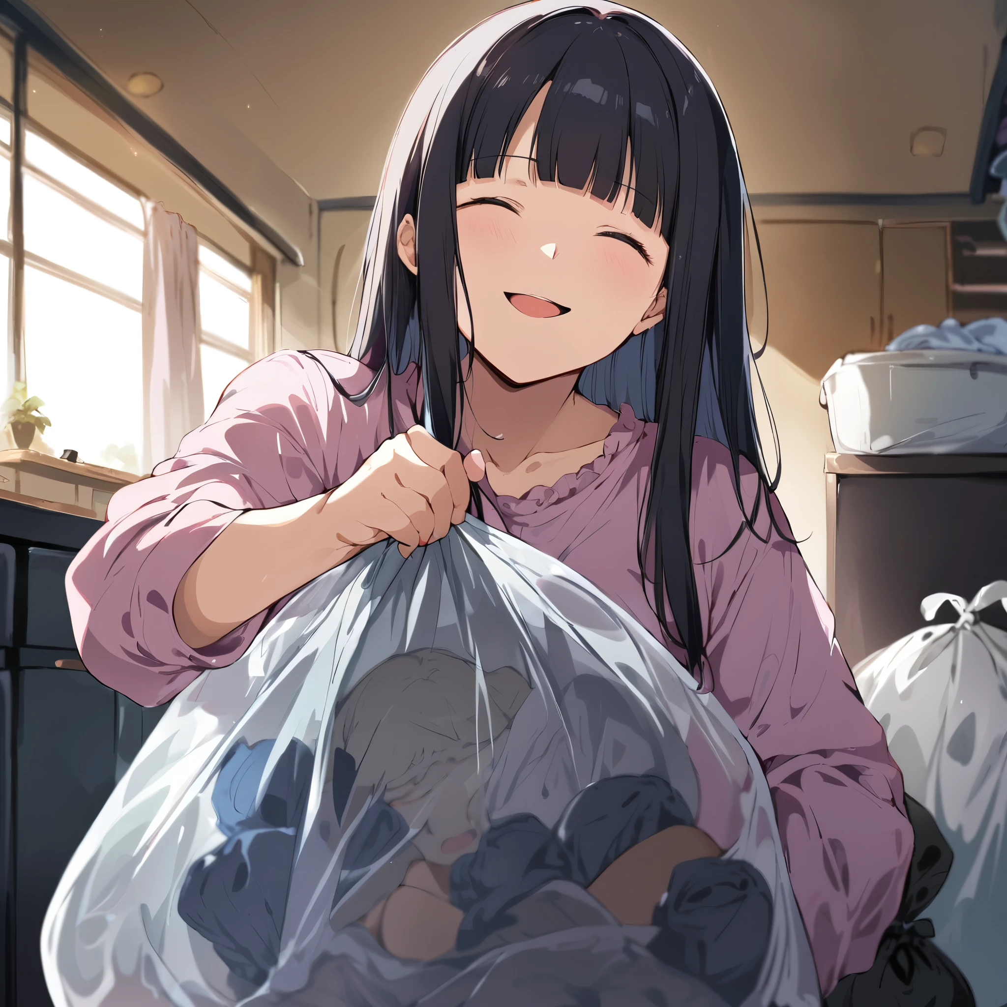 score_9, score_8_up, score_7_up,panties and bras are into sheer-trash-bag/},alp,
,1girl, holding panties, hand on hip, 
hime_cut, blunt bangs, black hair, straight hair, BREAK, black bow, black bowtie, black ribbon, black skirt, bow, bowtie, frilled shirt, frills, jirai kei, long sleeves, neck ribbon, (pink shirt:1.5), ribbon, shirt, skirt, white shirt,pumps,sole,
shoulder length, 
decluttering, chest of drawers, {{{she is putting panties in trash bag}}}, translucent-trash-bag, 

,naughty smile, open mouth, look down at viewer, {{{shaded face}}}, masterpiece,absurderes, beautiful detailed face

indoors,  laundry room,  laundry bascket, i can see that inside of trash bags,focus on trash bag,BREAK, skirt,BREAK,focus on trash bag,{{{trash-bag}}}, {{{Translucent-trash-bag}}},focus on translucent-trash-bag,