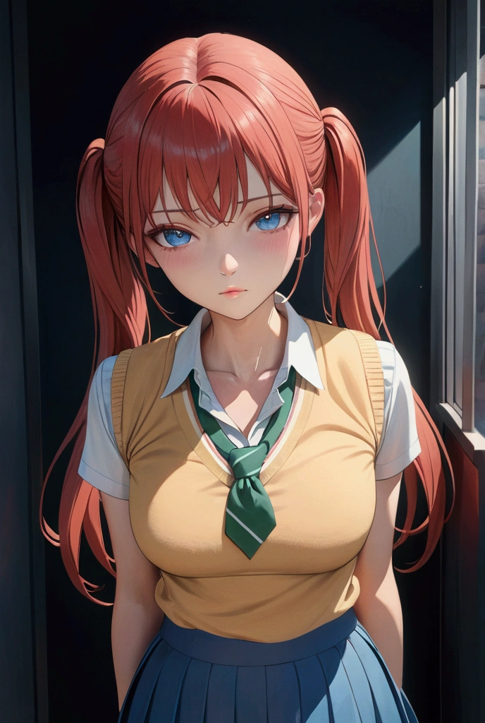 a beautiful young girl in a school uniform, wearing a yellow sweater vest, blue skirt, and green neckwear, with long red hair in twintails and blue eyes, looking at the viewer with an innocent yet slightly expressionless expression, highly detailed, photorealistic, 4k, 8k, ultra-detailed, masterpiece, best quality, vivid colors, bright front lighting, bokeh effect, film grain, cleavage, beautiful face and body