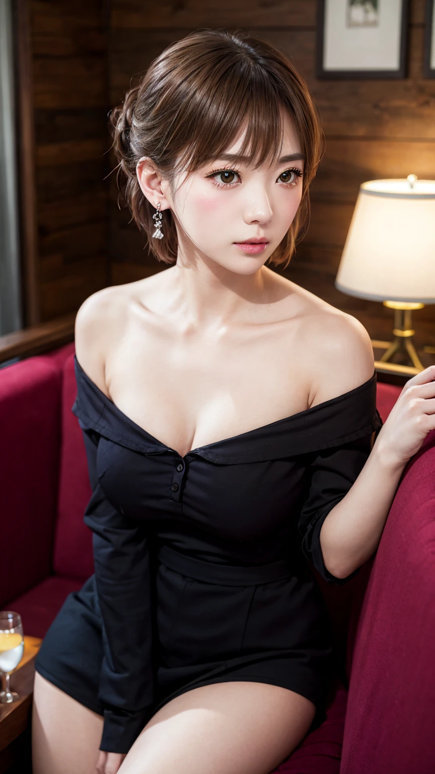 、High resolution、超High resolution、photograph、Japanese Women、Staring provocatively at each other、cute、Age 25、、Highly detailed skin、Japanese、、、Beautiful Face、Gazing Eyes、Transparency、Even skin、細部まではっきりとDescription、Natural skin correction、、Description、Beautiful thighs、、Small face、、、Sexy cabin attendant outfit with a loose neckline、Slender、Off the shoulder、、Hostess、hostess、night、nightの飲食店、Dark interior、Red sofa seat、Short Hair、Updo、accessories(Earrings)、、Dark interior、Push down