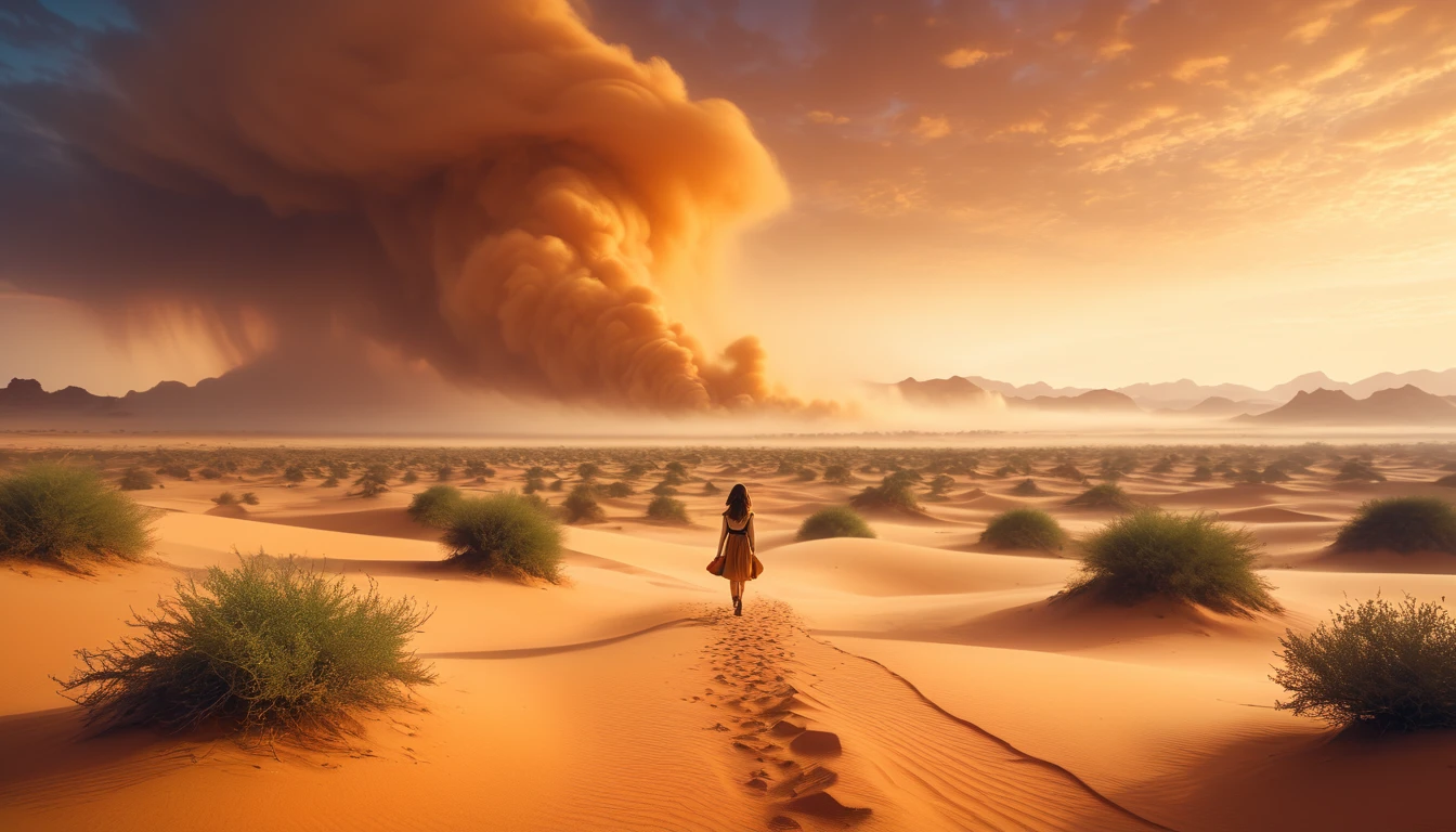 a beautiful cute girl wandering in the desert, extremely wide field of view, official art, best quality, masterpiece, 8k, ultra-detailed, dramatic lighting, glowing warm colors, dramatic atmosphere, volumetric fog, epic sandstorm, sweeping cinematic composition,super-wide-angle,Nothing but shrubs,desert