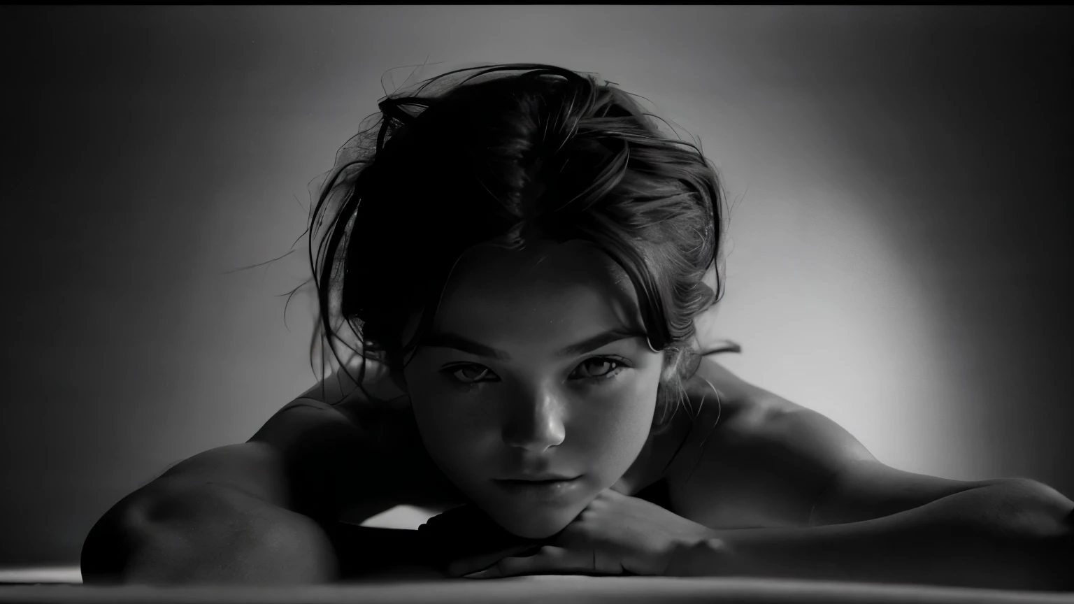 (photorealism:1.2),(naked girl 18 years),black and white ,dramatic,(),(naked girl),dark background,(perfect small breasts)(in a photo studio)(dynamic angle:1.1)