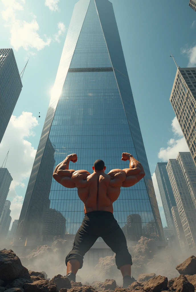 (masterpiece), ((handsome korean guy:1.2)), (Kim Soo-hyun), detailed face, short wavy hair, (wearing blue tong brief:1.5), (wearing blue high-top sneakers:1.3), (big bulge), The photograph artfully captures dynamic angles, with Kim Soo-hyun bursting out of the destroyed building, transforming into a colossal figure that towers over the structure. The dramatic and cinematic atmosphere is heightened by the aerial view perspective, creating a sense of awe and wonder., cinematic, illustration, photo
