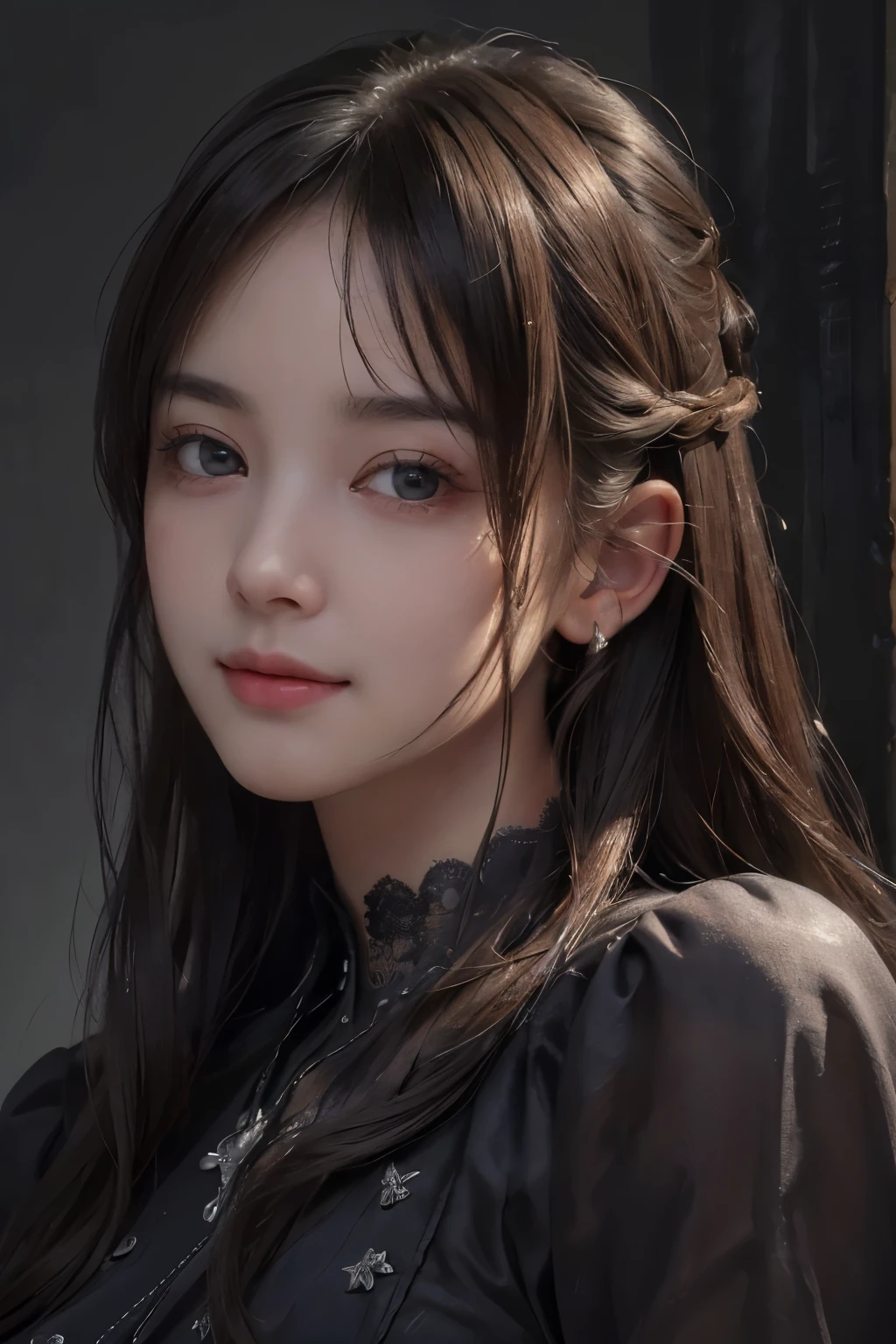 (ultra realistic) , (illustration), (increase resolution), (8K), (extremely detailed), (best illustration), (beautiful detailed eyes), (best quality), (ultra-detailed), (masterpiece),  (wallpaper), (detailed face), solo,1 girl, looking at viewers,  delicate details, detailed faces, in the dark, deep shadow, low key,pureerosfaceace_v1, smile,