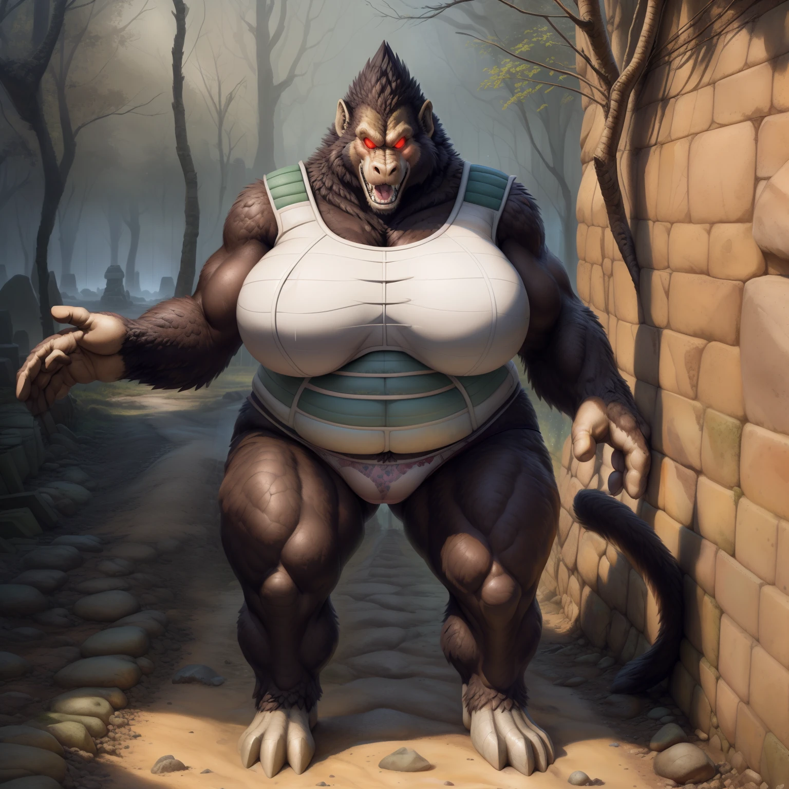 solo, breath (ultra detailed), a beautiful and detailed full size portrait of a female anthro gorilla, oozaru, brown fur, fur body, monkey tail, red eyes, close up view, glowing eyes, empty eyes, tail, bedroom eyes, detailed eyes, big body, sexy body, (wide body). goddess, kenket, Ross Tran,ruan jia, trending on artstation,foxovh, cenematic lighting, front view, big breaths, huge boobs, big boobs, big boobs, big boobs, big boobs, big boobs, big , raining, day, fat, obese, (((stone hallway, distant swamp, dirt road way, seductive, pose, standing, white saiyan armor, panties,))), curvy figure, angry, open mouth, blush,
