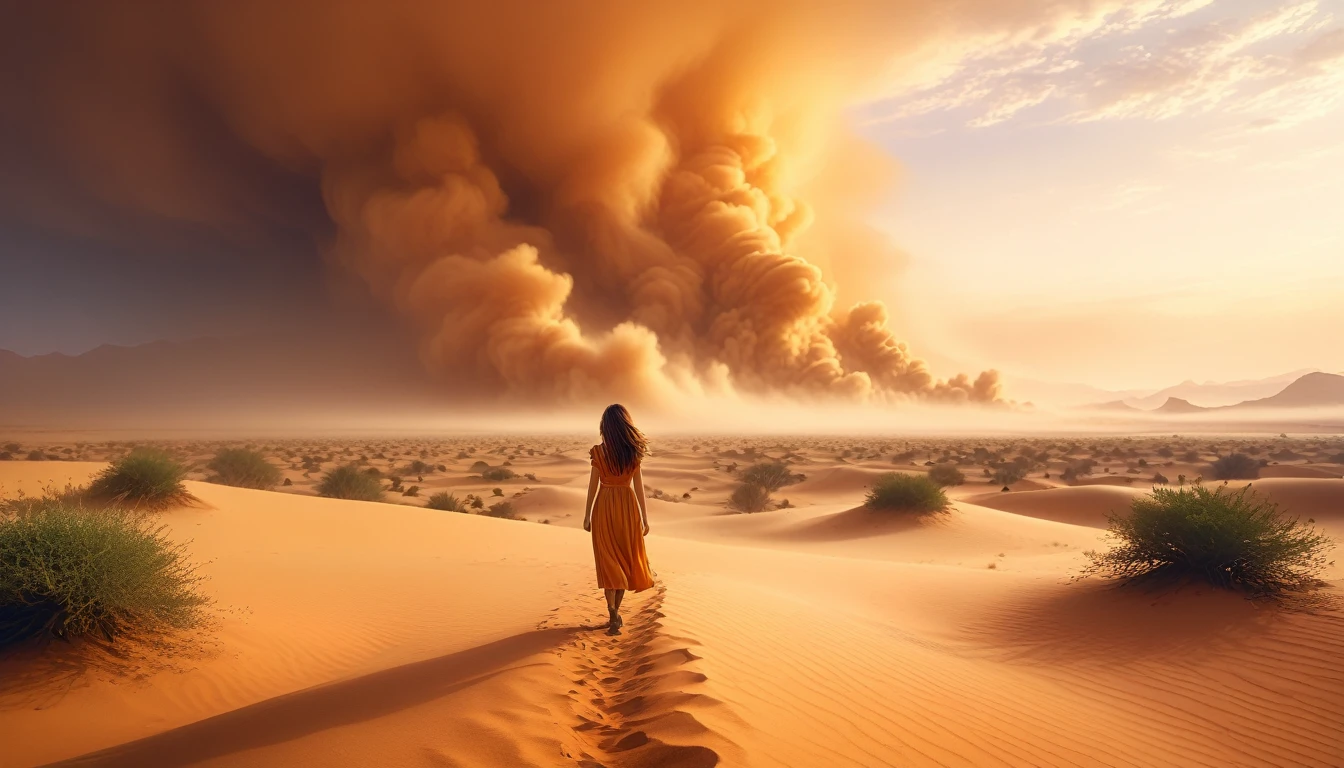 a beautiful cute girl wandering in the desert, extremely wide field of view, official art, best quality, masterpiece, 8k, ultra-detailed, dramatic lighting, glowing warm colors, dramatic atmosphere, volumetric fog, epic sandstorm, sweeping cinematic composition,super-wide-angle,Nothing but shrubs,desert