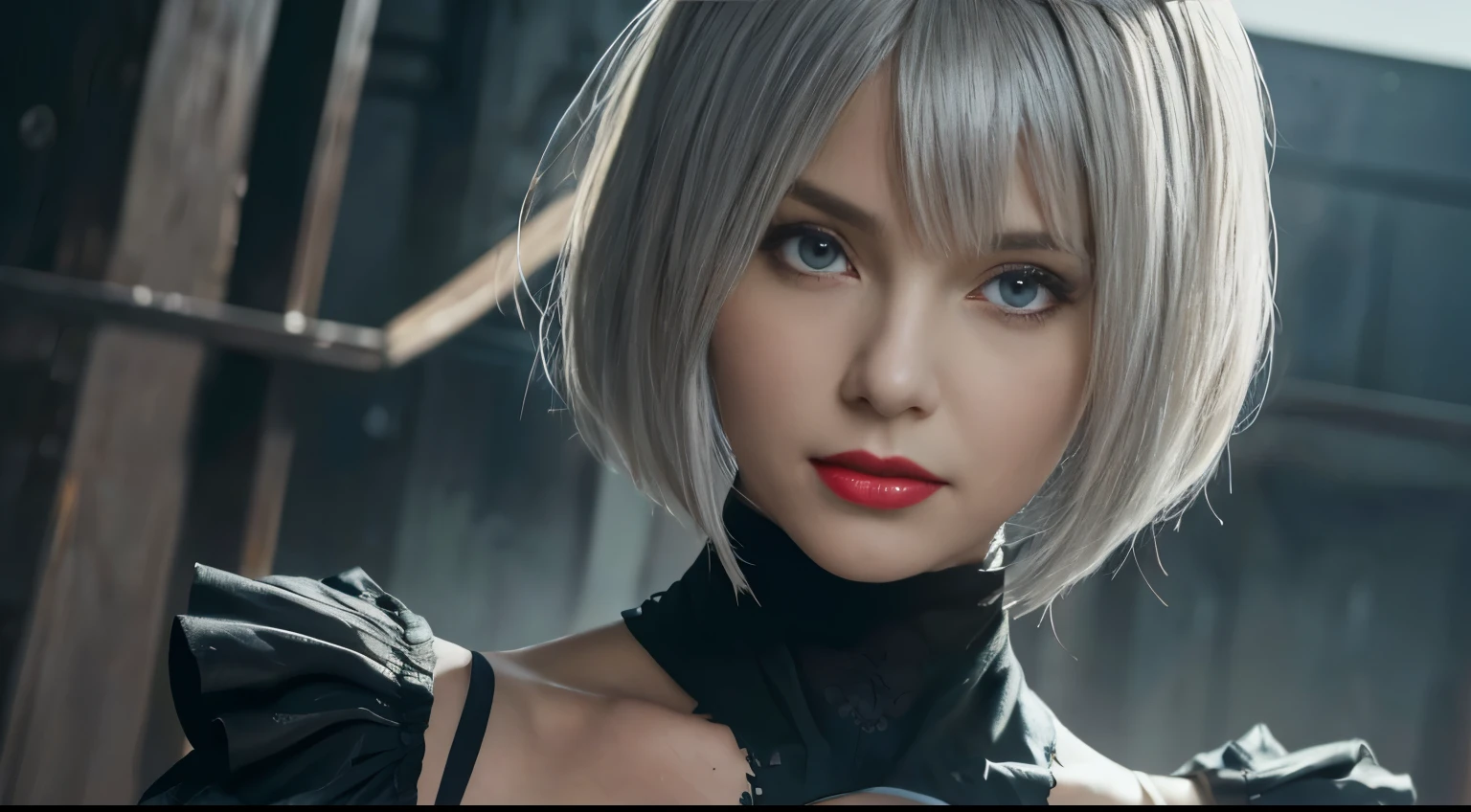 (alone,masterpiece,highest quality,High resolution,realistic, photo realistic), (YoRHa type B, juliet sleeves, long sleeve, Nier (series), Nier automata, chest, cleavage, cleavage cutout, cleavage semi-transparent embroidery,black costume,clothing clippings,plump sleeves,black turtleneck, ruffle skirt), green background, hair between eyes, black hair band, High resolution, (red lips, face with shadow, silver hair,short hair), Upper body, looking at camera,sexy pose