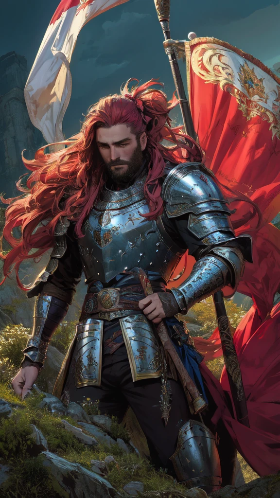 A beautiful warrior man in a fantasy fire, sagittarius, detailed eyes, detailed lips, medieval armor, flowing hair, heroic pose, dramatic lighting, digital painting, vibrant colors, cinematic, highly detailed, 8k, photorealistic, bow, cosmos, holding flag of Georgia, Country 