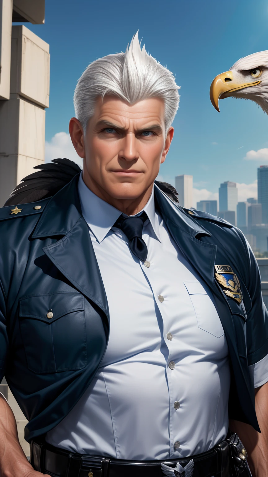 male, 58 y.o, white hair, quiff hairstyle, anthropomorphic, ((eagle)), eagle tail, muscular, ((U.S Policeman Uniform)), feathers, (mid transformation:1.3), standing, looking up at viewer, show his friendly smile, shining eyes, gallantic expression, (human), (magic collar), high angle, (by wfa)