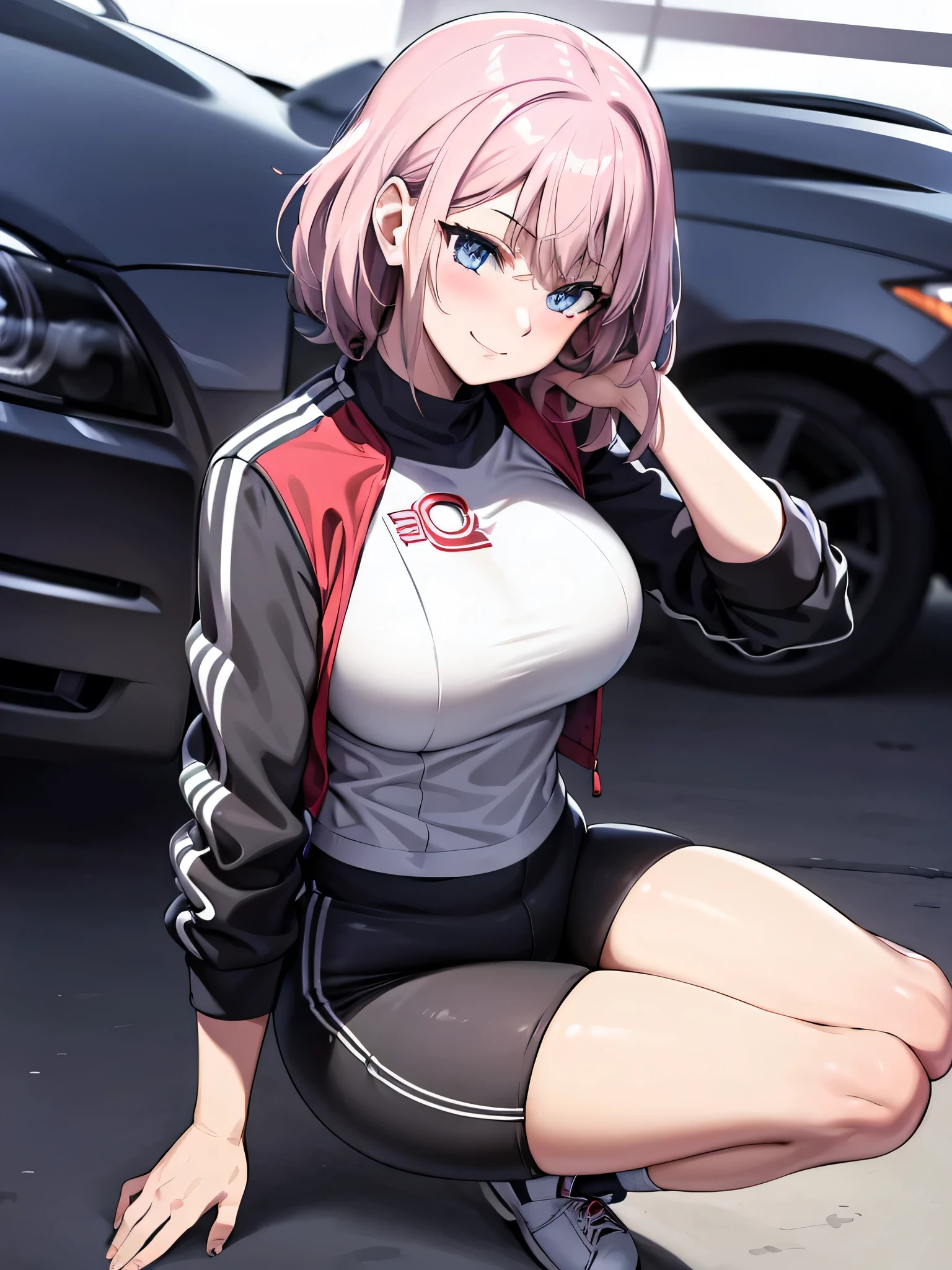 masterpiece, best quality, ultra-detailed, illustrator,1girl, Short straight hair, Wearing a white top, Red and white racer jacket, Short black sport pants, white shoes, blush, big breasts, Big thigh, Look to the Lower, simple background, solo, very sexy, shy expression, cute, white background, Smiling cute, Facing sideways pose sitting on the hood of a car, Nissan skyline r34