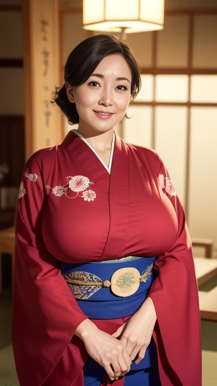 （（最high quality，8k，masterpiece：1.3））， Realistically， Sharp focus， high quality，  alone， Japanese， Middle-aged women， Beautiful woman， (((kimono)))， 4， plum， Light brown hair color，  Wrinkles around the eyes，  ((Voluptuous figure))， light makeup, ((Large Breasts)), smile, Big skeleton，((kimono))，((kimono))、Standing in front of the hut, Panoramic Lens, hyper HD、((A gentle smile))、((A gaze that seduces viewers))、((Looking to the side))、((Japanese style room background))