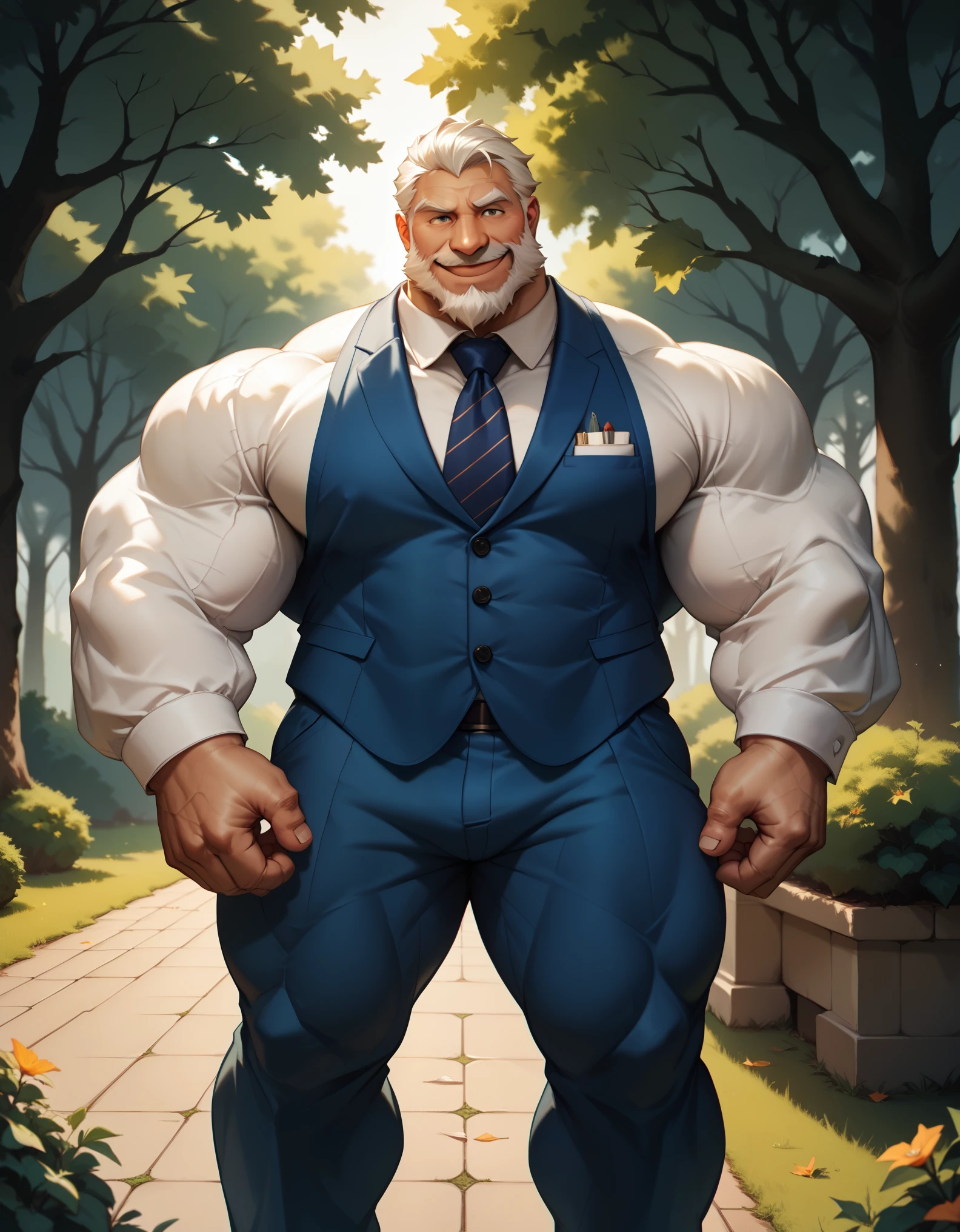(best quality,4k,8k,highres,masterpiece:1.2),ultra-detailed,(realistic,photorealistic,photo-realistic:1.37),dramatic lighting,chiaroscuro,atmospheric,moody,cinematica, muscular old man in park, tank top, happy, autumn, suits, bokeh, smile, huge and muscular,thick arms,short hair,white hair,
