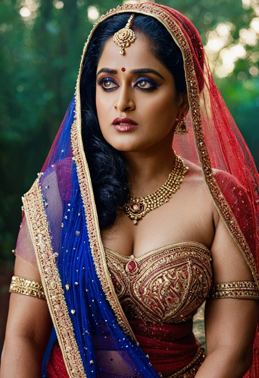 Looks like nude kavya madhavan, full body Closeup shot, Big chubby aunty, milf, cougar lady witch, nude busty huge popup huge breast, naked, heavy  cleavage, horny Gothic milf,  70 years old gorgeous mature lady, pervert demoness, demoness of lust, curvy, black lips, horny face, extremely gorgeous, thick figure, heavy physique, voluptuous, curvy, sexy figure, Fashionable portrait of androgynous alien looking witch wearing veil, glowing eyes, futuristic design, minimal details, givenchy, photoreal, 200mm, hd, f/ 2.0, highly detailed, surreal, sexy beautiful evil woman, sexy bold sequin Saree with strapless Bra, chudail, Pishachini, horror genre, blood-thirsty enchantress, powerful female spirit, eerie, drop dead, in the style of red and blue, (intricate details, hyperdetailed:1.15) (skin texture:1.2), dark Moody tone, cinematic lighting, haunted place in background, photorealistic,photo,realism, Getty Images, RAW candid cinema, 16mm, colour graded portra 400 film, remarkable colour, ultra realistic, textured skin, remarkable detailed pupils, realistic dull skin noise, visible skin detail, skin fuzz, dry skin, visible skin details and pores 