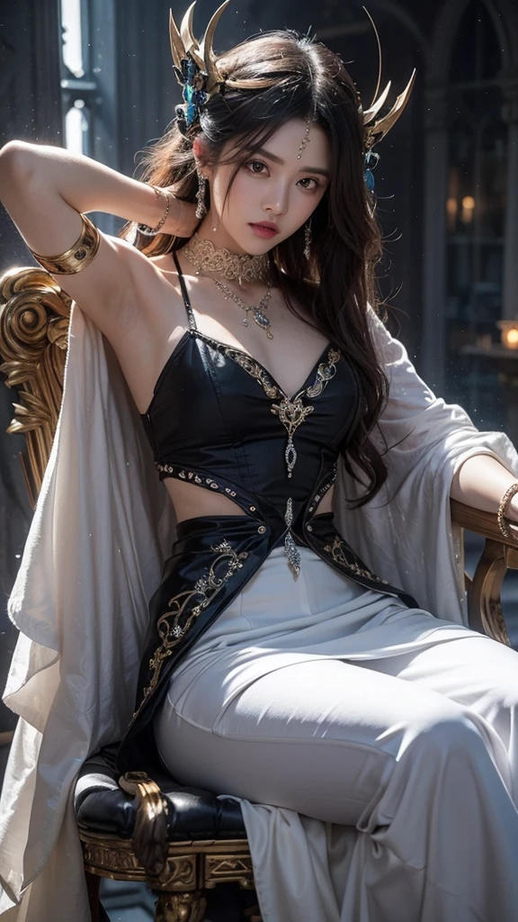 8k,とてもSmall breasts,Long black hair,Close-up of a woman in a black evil god costume holding a one-handed sword, Beautiful fantasy empress, ((Beautiful fantasy empress)), Small breasts , Very detailed, Very detailed , Up to the model | Types of bacteria, Trending on cgstation, Pan Zhenwei Art Station, Gorgeous black cloak,Ultra-high resolution,Ultra-Realistic Skin,Beautiful expression,Fantasy art,Laughter(Like the real thing),非常にSmall breasts ,Straight hair,Golden Eyes,black gemstone earrings,black gemstone necklace,Luxurious black gauntlets,Black lipstick,Black eyeshadow,Evil God Makeup,Dynamic fighting pose,Rich colors, Backlight, Cinema Lighting, Film Grain, to be born, 50mm lens, Nikon D850,Compensate,View your audience,Toned, muscular lower body,Muscular Beauty,compensate,Big smile,Gorgeous black and gold long skirt,