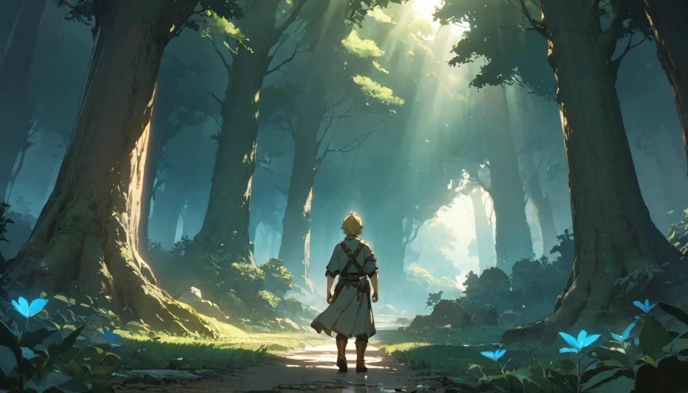 score 9, 1boy, back view of aboy, anime artwork cartoon of 1boy like totklink wearing zonai dress, tattoo, single bare shoulder, short blond hair, holding sword, runnning, detailed blue eyes, delicate facial features, brown leather boots, standing in a lush forest landscape with towering trees, sunlight filtering through the leaves, (best quality,8k,hyper-detailed,masterpiece:1.2),cinematic lighting,fantasy,digital painting
