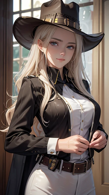 masterpiece, Best Quality, Highly detailed CG Unity 8k wallpaper,((Upper body portrait)), (Focus on the face), ((Western-style bar)), (Long pointy ears), (Revealing western-style costume: 1.3, Security Officer), ((Ten-gallon hat, 胸にSecurity Officerバッチ: 1.4)), (gun belt, holster), Elegant long wavy platinum blonde hair, (so beautiful１６Year old girl), ((Average Chest Circumference, Self-illuminating skin)), (Wet white skin), (Charming smile), cute, Detailed and beautiful eyes, Perfectly symmetrical face, fine grain, Key Art, Awards, Exquisitely detailed realism HDR, Photorealism, Hyperrealism, Ultra-realistic, Dramatic lighting, Amazing views, Detailed border