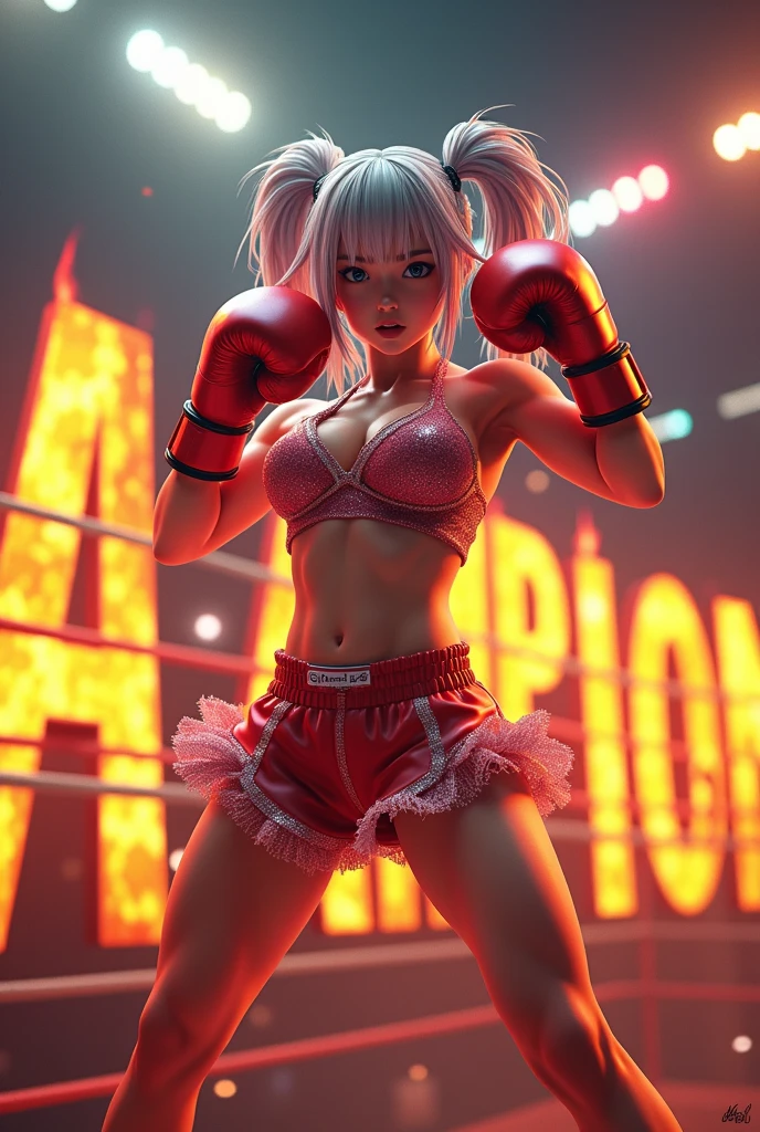 1girl, big muscle, Full body version, 1character, blue eyes, short haircut, pink color hair, boxing style outfit, Boots, Grassroots, full background in ring boxing, motion blur, light, (Hunter x Hunter style art), standing gesture, Boxing gloves, smoke effect, fire effect, angry, angry eyes, fire on background, high angle view 