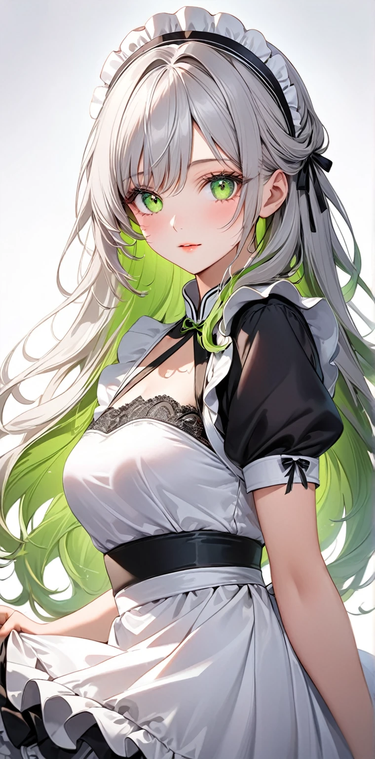 1 girl, long hair, with ponytail, white hair, green eyes, giant tits, giant ass, maid's outfit, with top hat