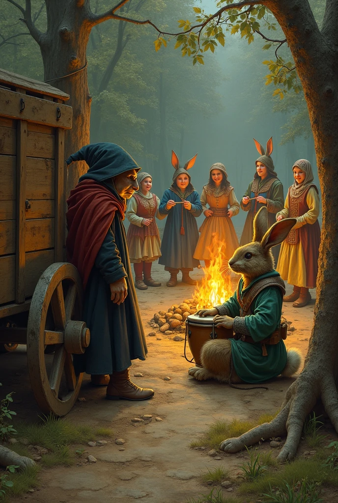 Hansel, trapped in a small, filthy cage, his face pale and eyes wide with terror. He is forced to eat food that is heaped in front of him, but his hands tremble as he reaches for it. Nearby, Gretel is forced to perform chores under the witch’s watchful eye. The atmosphere is oppressive, with the constant threat of violence hanging in the air