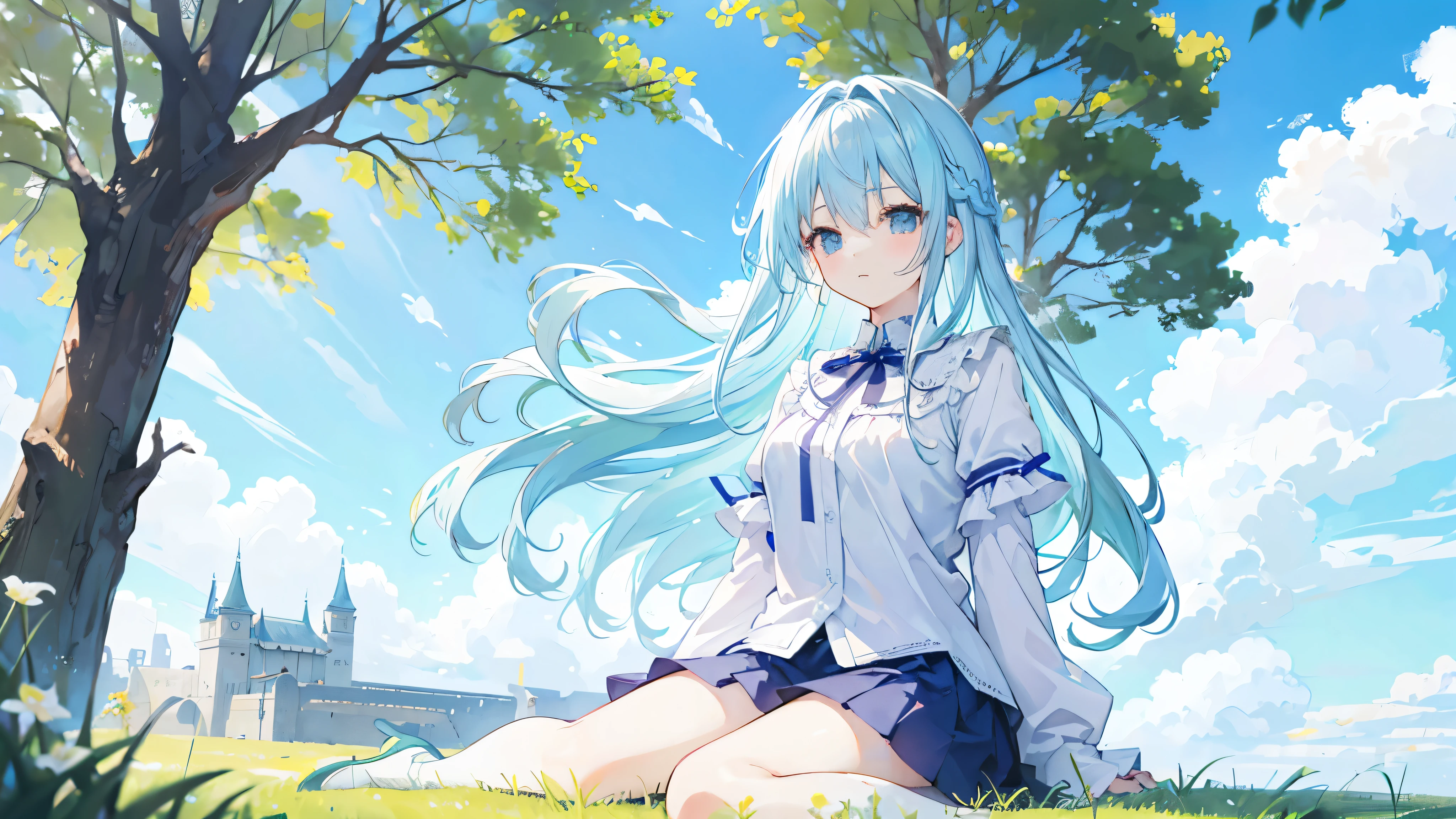 Anime girl sitting on the ground in front of a tree - SeaArt AI