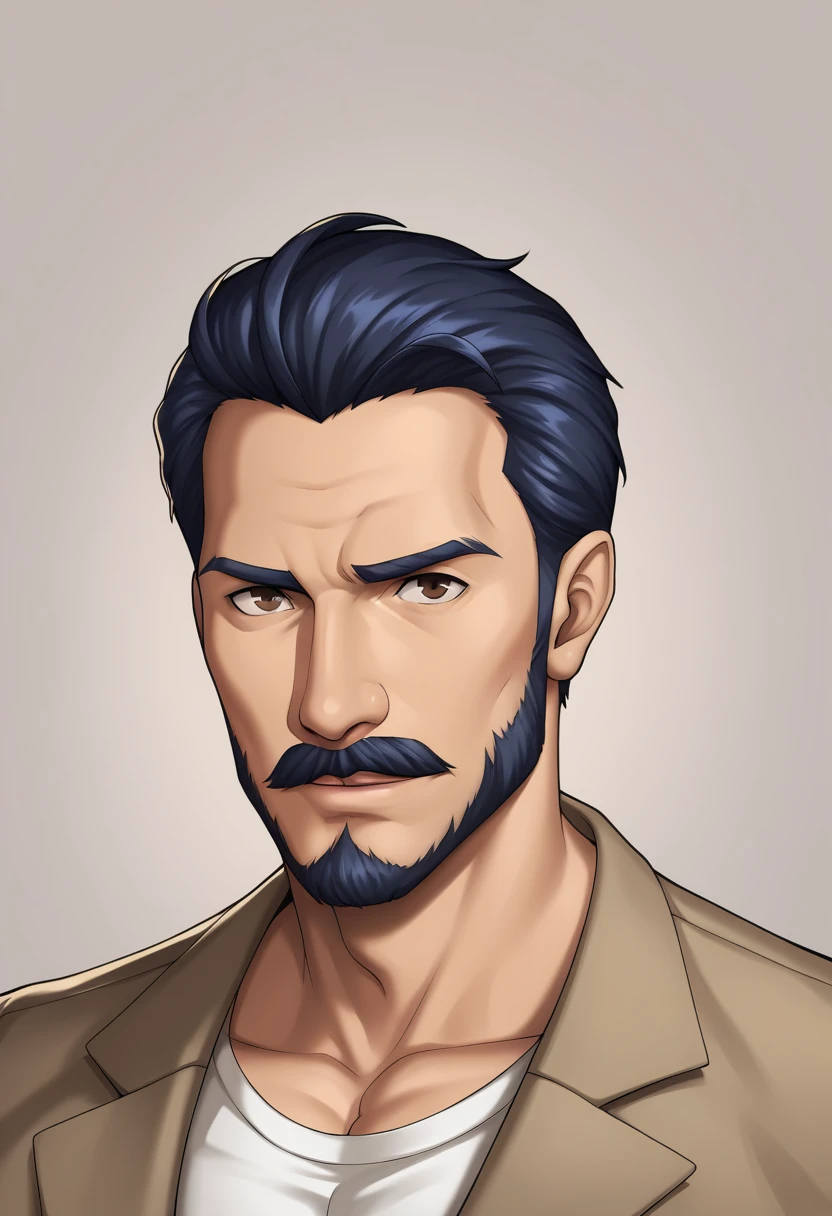 a muscular man, middle-aged, 56 y.o, quiff hairstyle, dark blue hair, dark blue mustache, dark blue beard, beige blouse, dark brown khaki trousers, handsome face, detailed eyes, nose and lips, 8k, high quality, photorealistic, dramatic lighting, cinematic