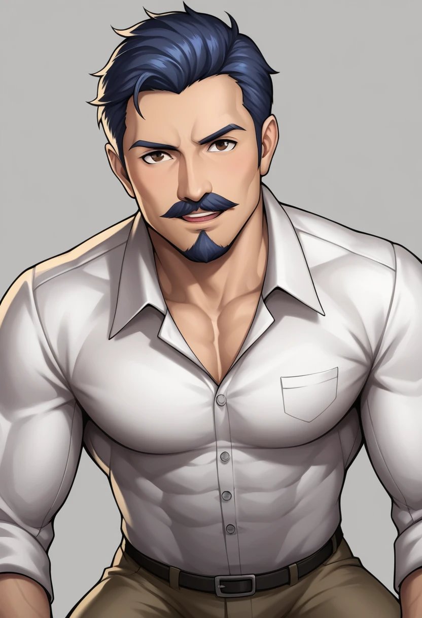 a muscular man, middle-aged, 56 y.o, quiff hairstyle, dark blue hair, dark blue mustache, dark blue beard, beige blouse, dark brown khaki trousers, handsome face, detailed eyes, nose and lips, 8k, high quality, photorealistic, dramatic lighting, cinematic