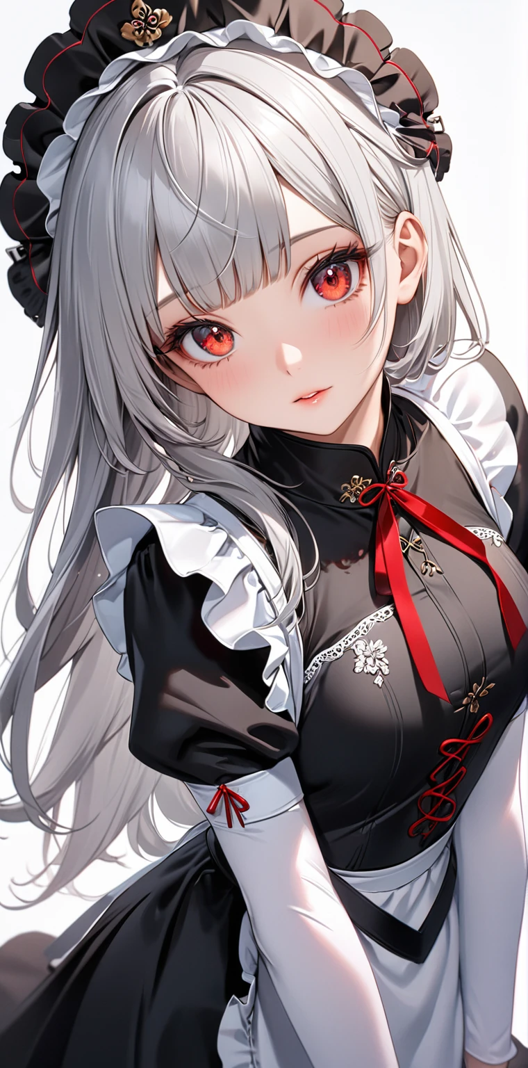 Highest quality I have long hair Gray Hair Konpaku Youmu Red eyes I don't have anything vampire Odd Eye kind Miko costume Cat ear Embarrassed Background Black