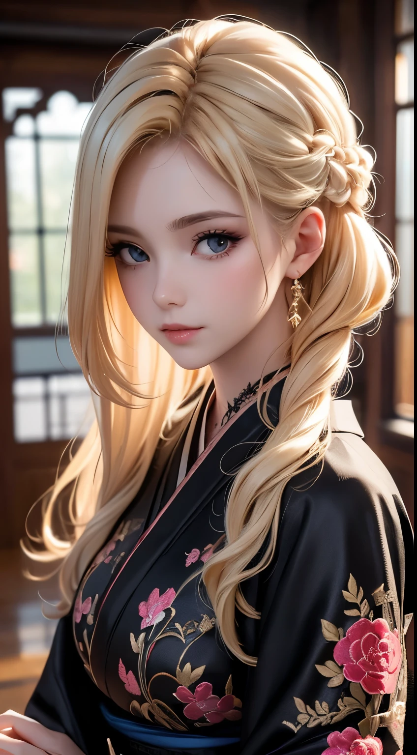 A beautiful woman, Light blonde hair, soft loose curls, black gloves, Elaborate Costumes(High-end kimono(Black kimono(Detailed embroidery))), black lace gloves, Light blonde hair, soft loose curls, elegant and mysterious atmosphere, indoor setting, smooth pale skin, reflective and contemplative pose with a hand near the face, dark and moody background, close-up shot with shallow depth of field highlighting the texture and intricate design of the dress.