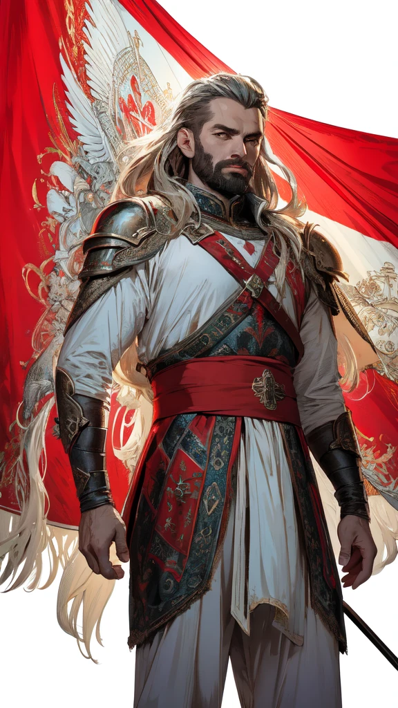 A beautiful warrior man in a fantasy fire, sagittarius, detailed eyes, detailed lips, medieval armor, flowing hair, heroic pose, dramatic lighting, digital painting, vibrant colors, cinematic, highly detailed, 8k, photorealistic, bow,The flag of Georgia consists of a white field with a large red cross that divides the flag into four quadrants. Each quadrant contains a small red cross, called a Bolnur-Katskhuri cross, making five crosses in total. The design is symbolic of Georgia's Christian heritage and is known as the "Five Cross Flag." The color palette is simple: red and white, symbolizing purity and courage.

For an AI art creator, you can emphasize the simplicity and boldness of the design, focusing on the contrast between the bright white background and the vivid red crosses. This clean and geometric look can be a powerful and minimalistic theme.