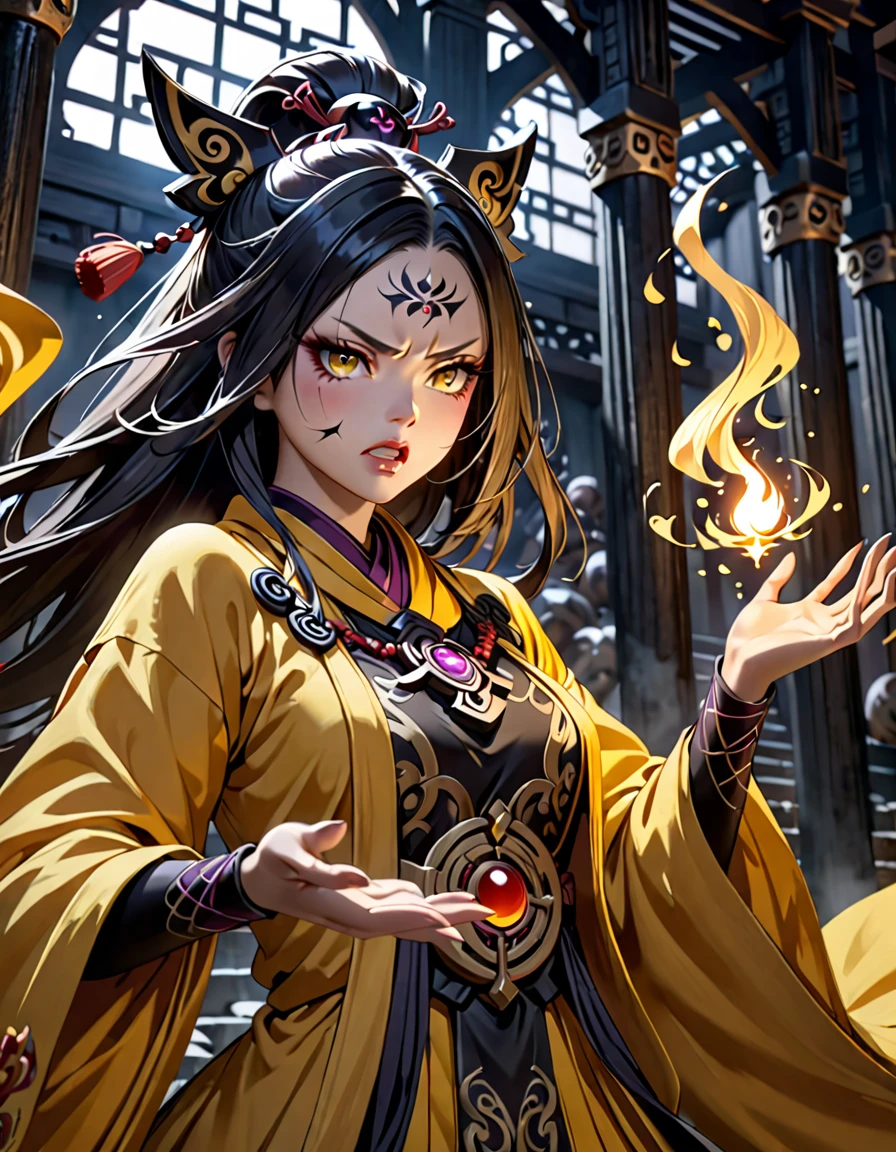 A female onmyoji in a mysterious yellow robe, Intricate black amulet, Casting a Spell, Angry expression, Detailed facial features, Beautiful eyes and lips, Delicate hands, Loose-fitting clothing, Dramatic lighting, Dark fantasy atmosphere, Structure of the film, Very detailed, 8k, Realistic